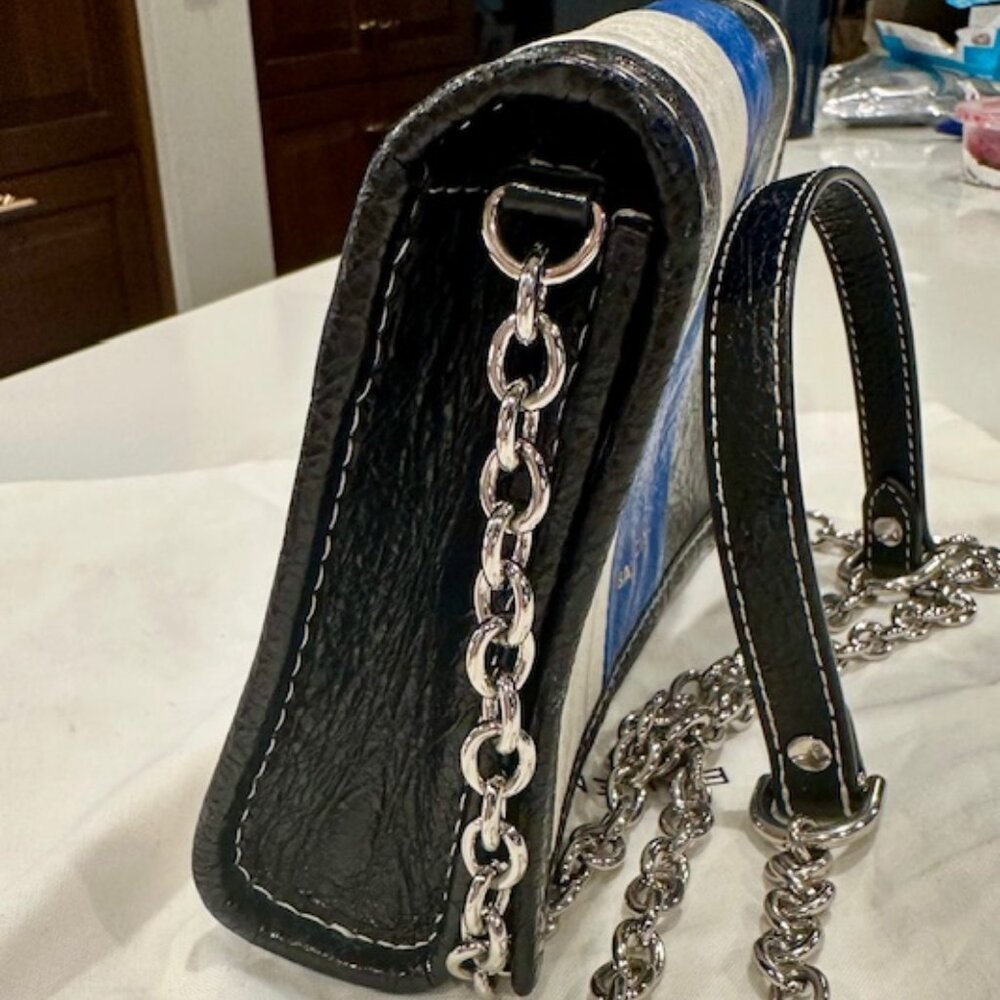 BALENCIAGA BAZAR Stripe Crossbody Shoulder Bag on Chain Blue Black White Leather - Picture 9 of 16
